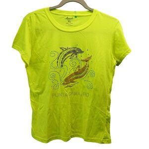 Aremar Graphic Tee XL Neon Yellow Punta Cana Dolphin Rhinestone Y2K Souvenir